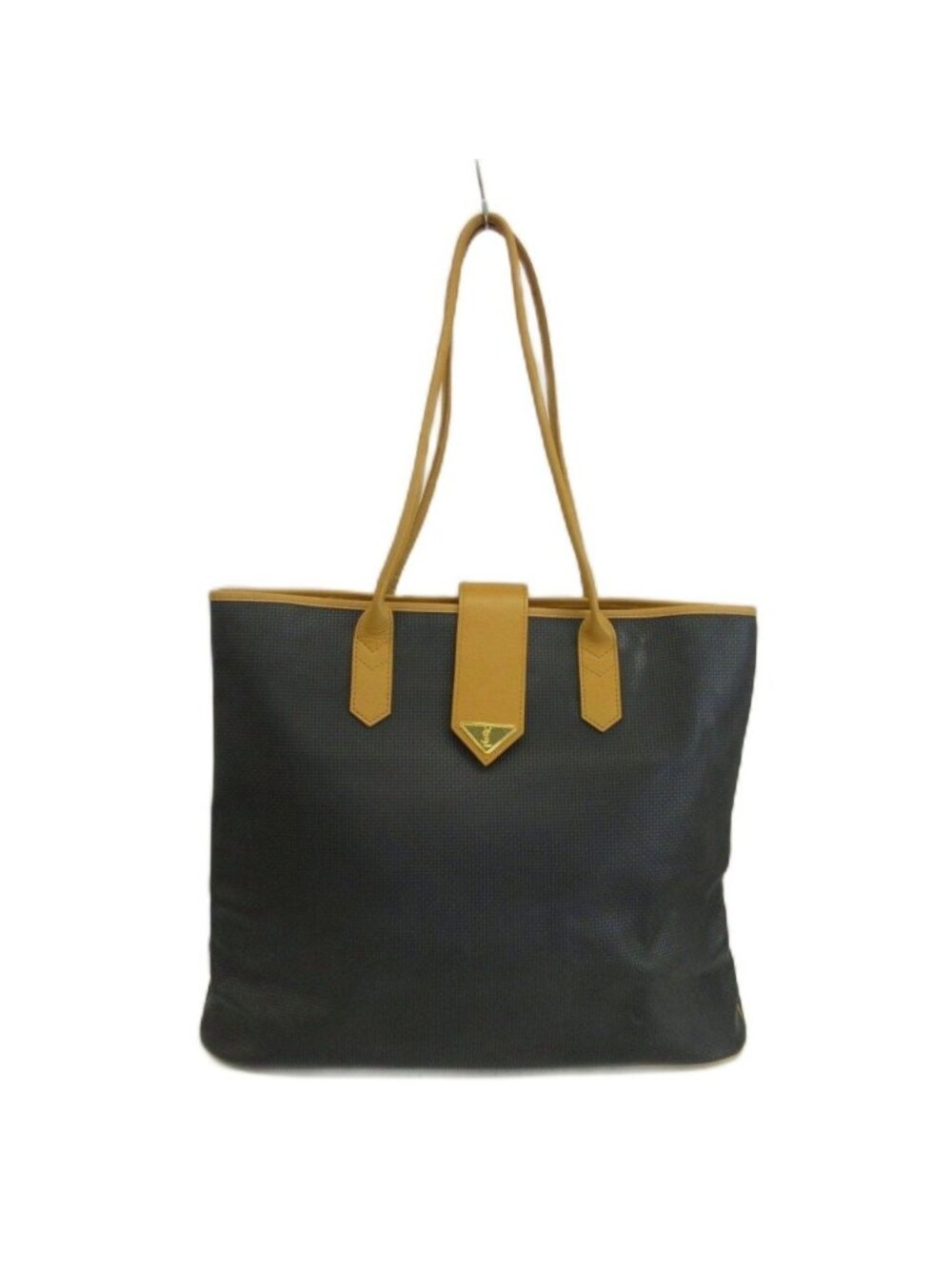 Saint Laurent Vintage Tote Bag Leather Triangle Logo Plate Gold Black Brown
